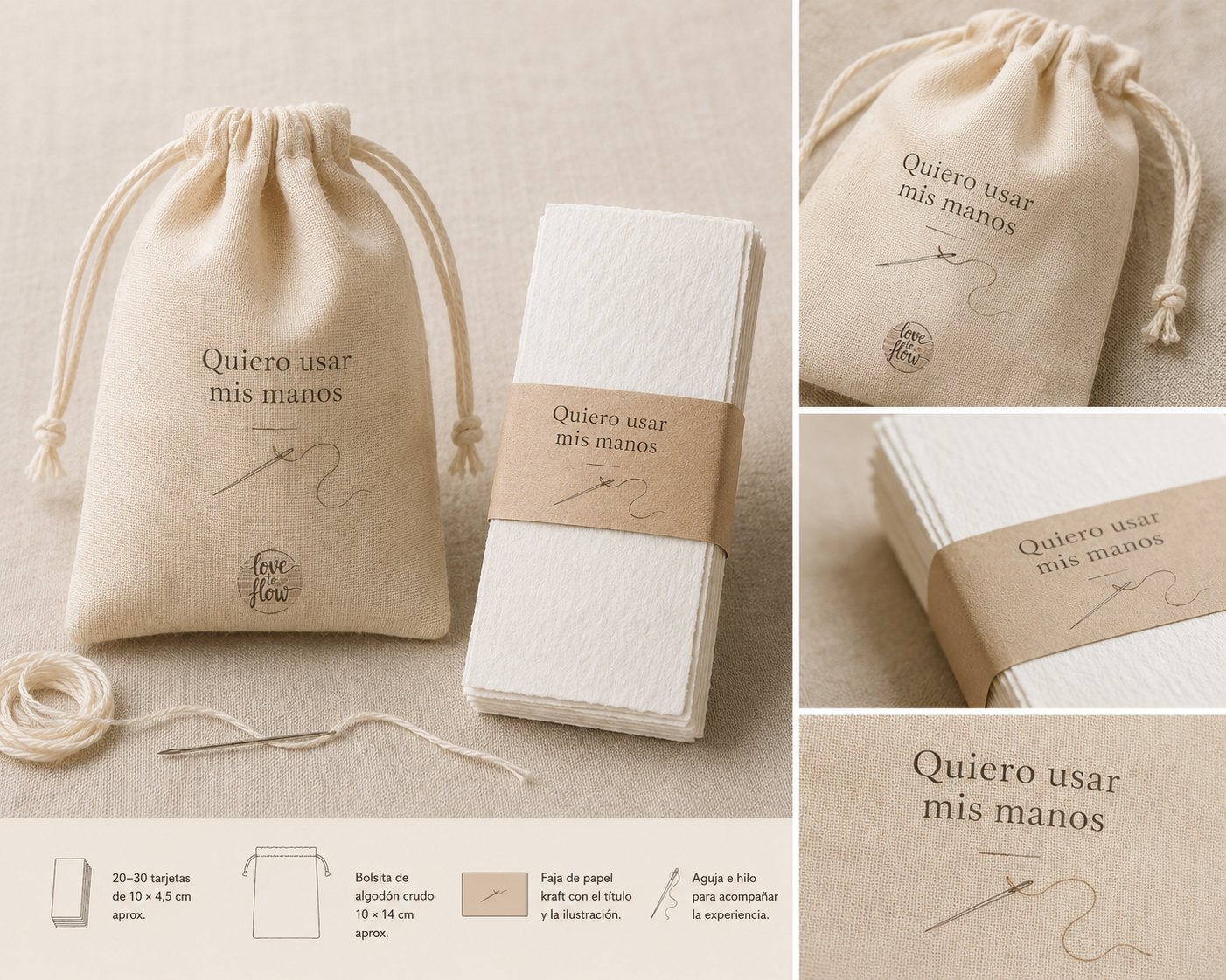 Kit Quiero usar mis manos: tarjetas de puntadas, bolsita de algodón, aguja e hilo